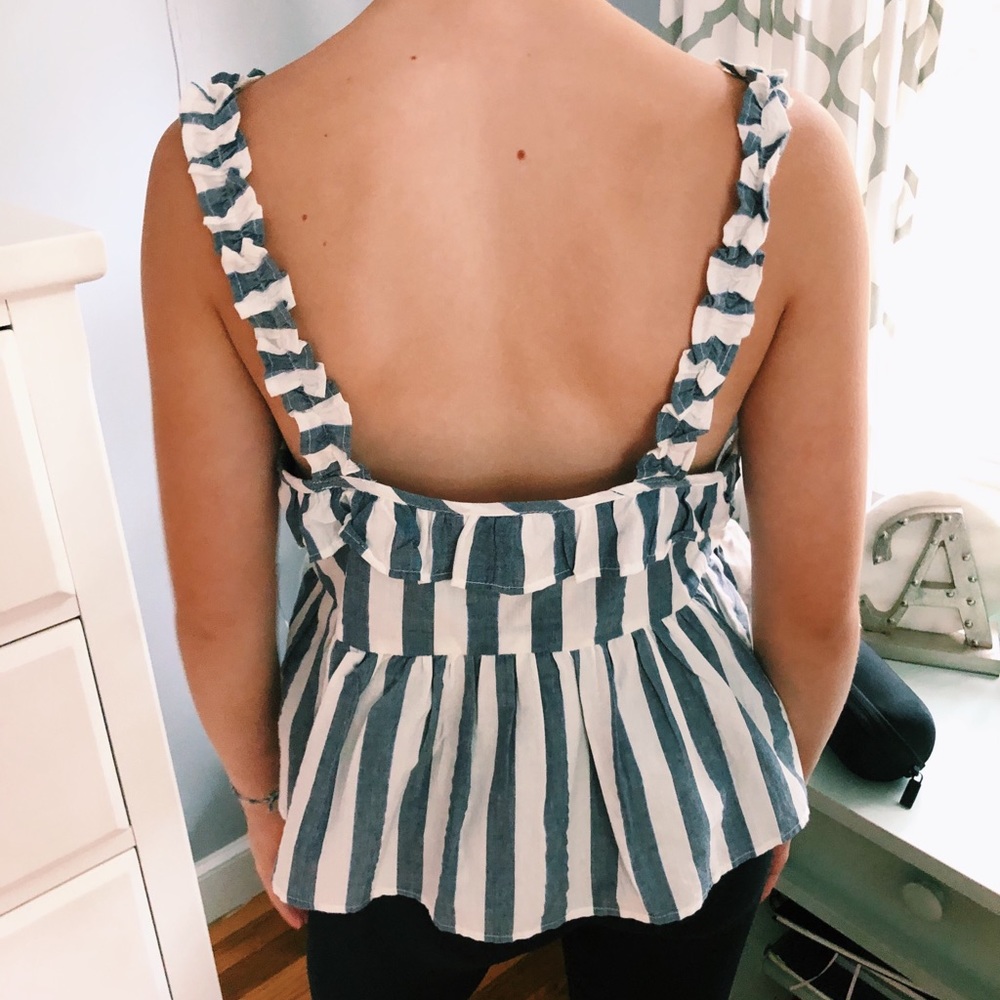 Blue and white striped tank top with pom poms. - Picture 2 of 2
